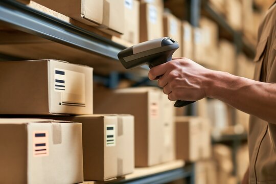 Warehouse worker scanning barcode on cardboard box with handheld laser reader