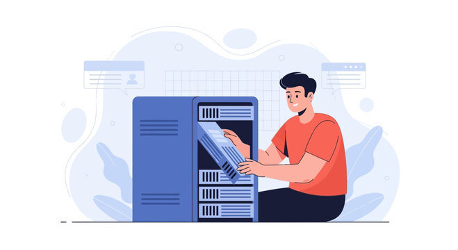 IT Professional Installing Server Hardware in Data Center - Modern Flat Vector Illustration