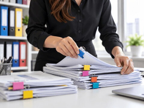 Professional businesswoman organizing documents and paperwork at her desk in a modern office