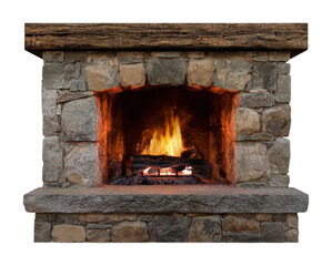 Fototapeta premium PNG Rustic stone fireplace with glowing fire and wooden mantel