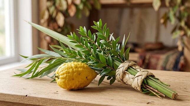 Four Species of Sukkot with etrog and lulav on a wooden table
