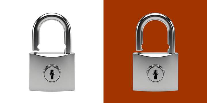 Shiny metal padlock unlocked as a 3d rendered object for digital security tasks transparent background, png