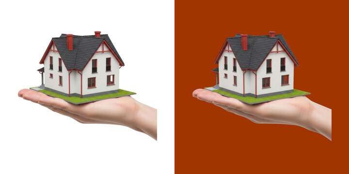Small model house in a person hand representing real estate and home ownership transparent background, png