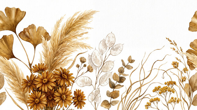 Watercolor dried floral seamless border with pampas grass, ginkgo leaves, daisies, and eucalyptus on white background