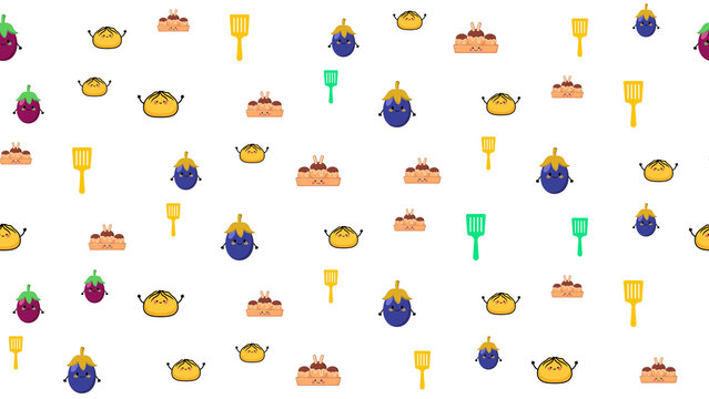 Cute cartoon food and kitchen utensil pattern isolated on transparent