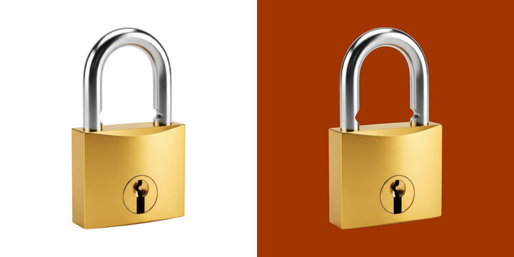 Shiny gold padlock with steel shackle for security and safety transparent background, png