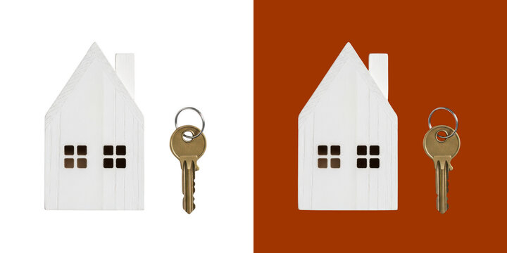 Small wooden house model and a metal key for real estate home concept transparent background, png