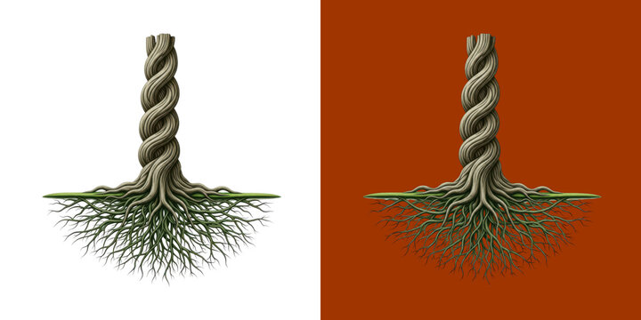 Twisted tree trunk with detailed root system on colored background transparent background, png
