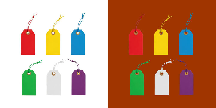Set of colorful paper gift tags with strings in vibrant solid colors transparent background, png