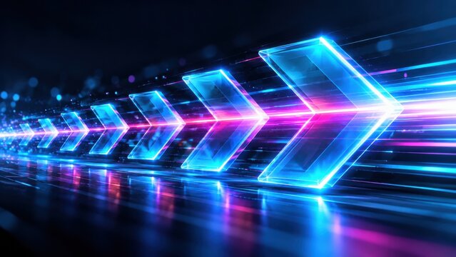 Abstract blue and pink neon arrows moving fast forward, digital speed, motion blur, futuristic technology.