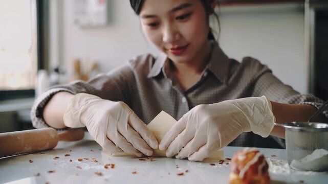 Gloved woman folding parchment around glazed pastry at counter after placing pastry to eat