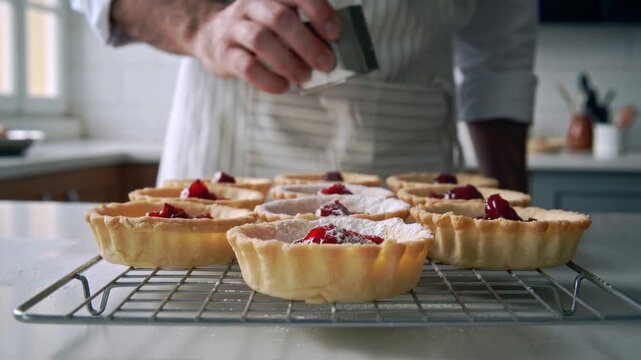 Dusting baker in striped apron lowering sifter over tarts, moving along kitchen counter to finish
