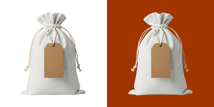 White fabric drawstring pouch bag with a blank brown paper tag mockup graphic transparent background, png