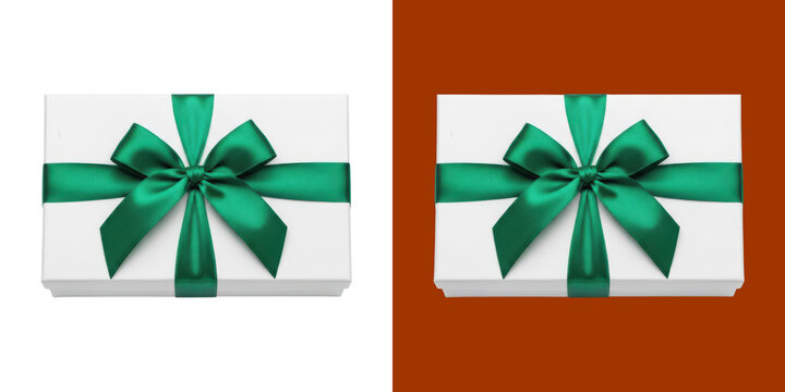 White rectangular gift box with a shiny green satin ribbon bow top view transparent background, png