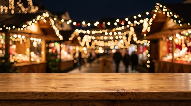 Wooden table surface at festive holiday market with blurred lights and stalls at night
