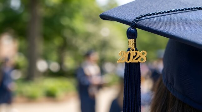 Blue graduation cap with golden tassel displaying twenty twenty eight year charm outdoors