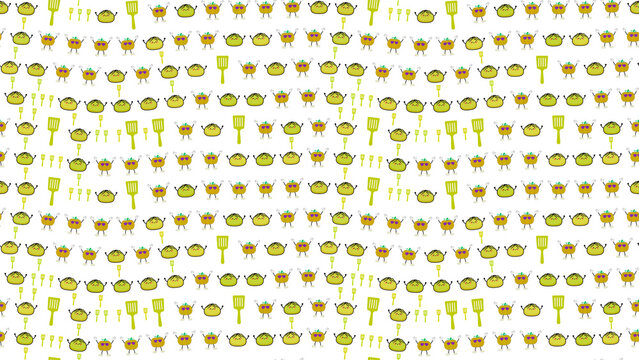 Cute food characters and kitchen utensils pattern