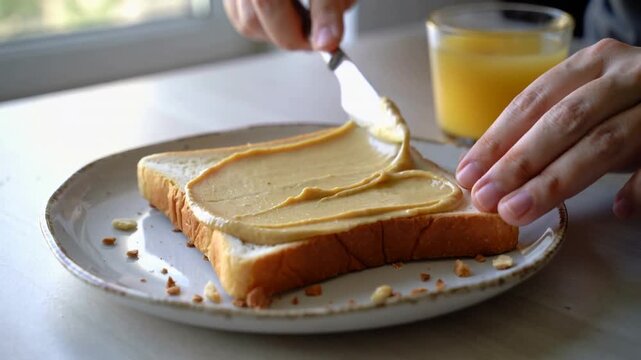 Placing dollop hands in dark tee steadying smoothing bread with knife on kitchen table making snack