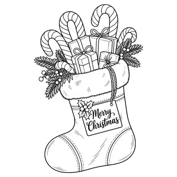 Christmas Stocking with Gifts Monochrome Line Art Illustration