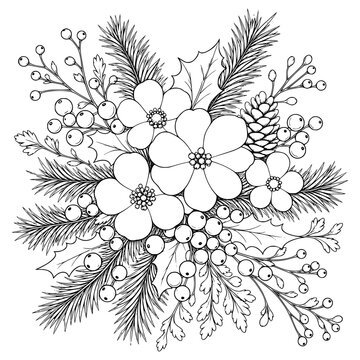 Christmas Flower Bouquet Monochrome Line Art Illustration