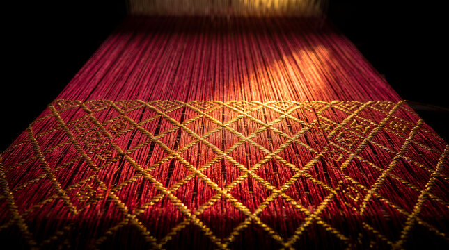 Close up of shimmering threads weaving intricate geometric pattern on traditional loom in dark room