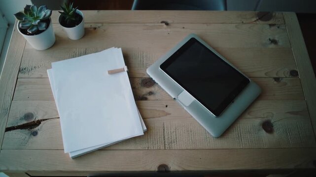 Shifting white A4 stack on wood table by window, breeze nudging beige clip, tablet, succulents
