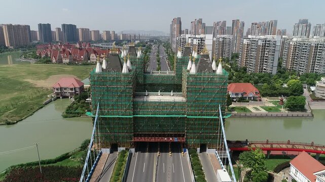 Flying over replica of the London Tower Bridge in Suzhou, China