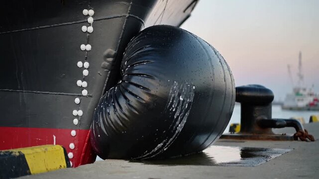 Compressing large black fender as ship settling closer at quay, protecting hull with bulging rubber