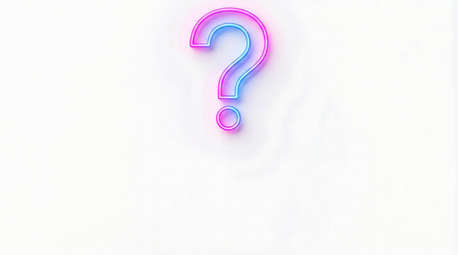 A glowing neon question mark symbol features vibrant pink and blue gradients in this bright photo