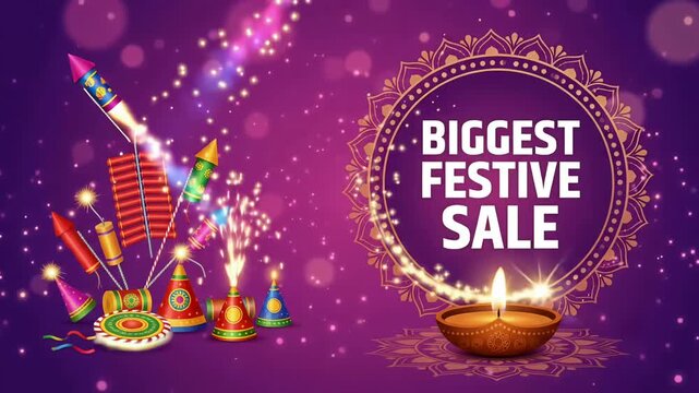 Biggest Festive Sale animated video background with firecrackers and glowing diya. Diwali promotional motion graphic loop on purple.
