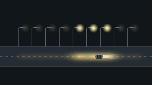 Premium motion graphic of a smart city street at night. As a car drives by, intelligent street lamps detect the vehicle and activate sequentially, creating a following wave of light while leaving behi