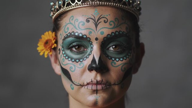 Camera rolling, model wearing sugar-skull makeup showing tiara and daisy while blinking in studio