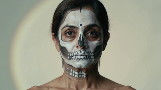 Holding woman posing while camera recording studio-makeup skull-makeup dot left halo pale backdrop