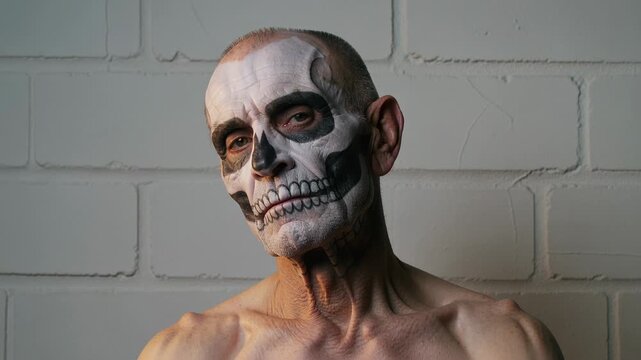 Recording male model posing slowly tilting head to display skull makeup on set shirtless brick wall