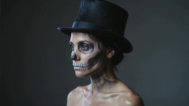 Camera starting woman with skull makeup holding pose lifting chin for studio shoot with top hat