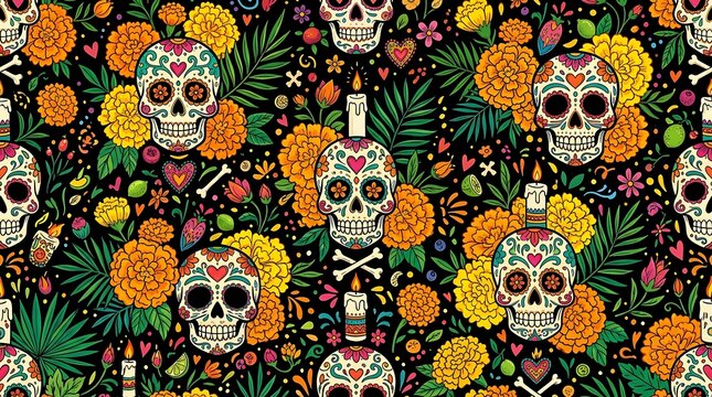 Day of the dead seamless pattern with sugar skulls and marigold flowers