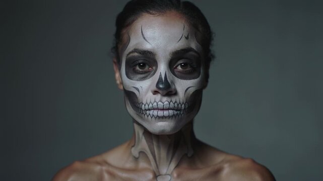 Recording model holding pose blinking and looking down returning gaze in studio showing skull paint