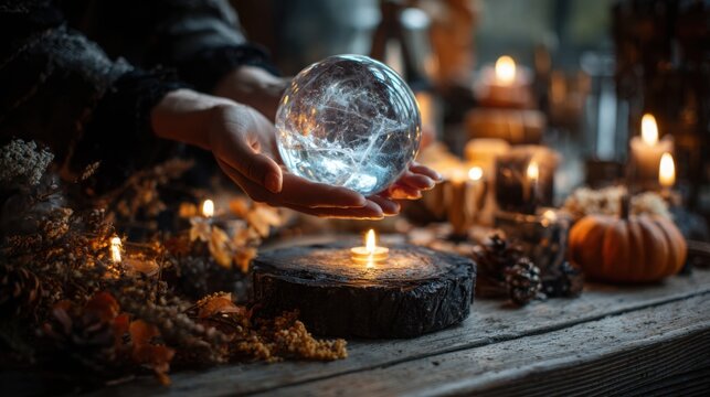 Hands holding a glowing crystal ball for Halloween fortune telling and magic ritual