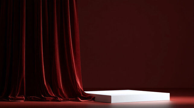 White podium platform for product display with red velvet curtain background