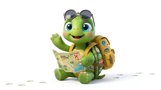 Cute green baby turtle blue round glasses yellow backpack explore patch holding adventure map treasure sitting waving paw prints trail, adorable 3D cartoon character clean white background
