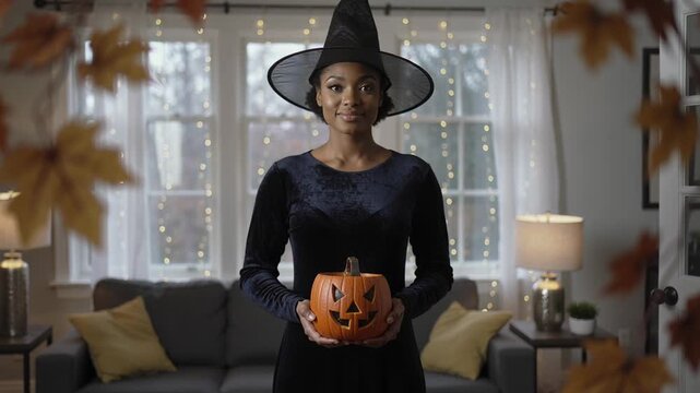 Standing woman wearing pointed witch hat dark dress holding carved pumpkin in living room for fall
