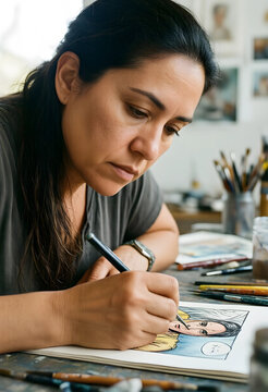 Creative flow and artistic focus, woman illustrator drawing comic book character in studio with concentration and passion for visual storytelling