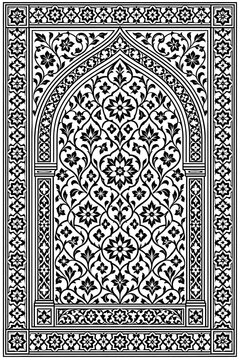 Intricate black and white Islamic archway floral pattern design for decorative elements