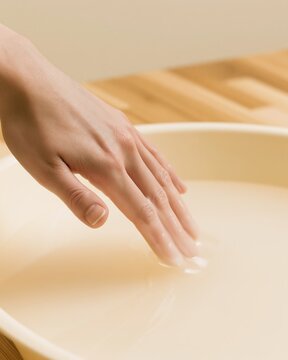 Woman dipping her hand into a warm paraffin wax bath, hand care and spa treatment concept for moisturizing dry skin, beauty salons, manicure services and wellness