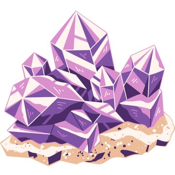 Purple Crystal Cluster Vector Illustration - Amethyst Gemstone Icon isolated on White Background. Vibrant vector illustration of a purple crystal cluster or amethyst mineral geode on a sandy base. 