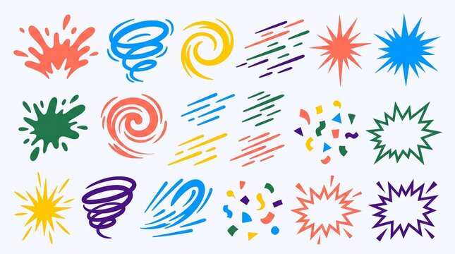 Comic book effect elements set, colorful hand drawn cartoon explosions, swirls, splashes and speed lines, isolated on white background for graphic design