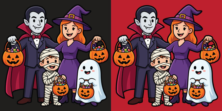 Happy Family in Halloween Costumes with Candy Buckets Flat Vector Illustration