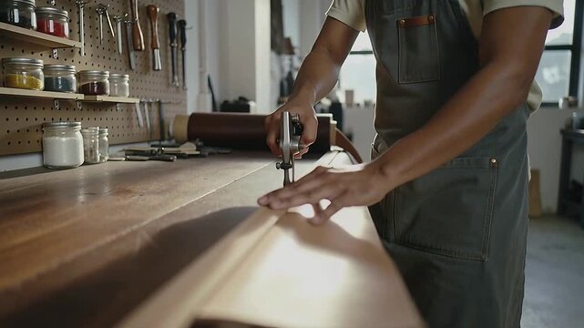 Placing tan leather strip, aproned artisan punching stitch holes at bench edge with punch