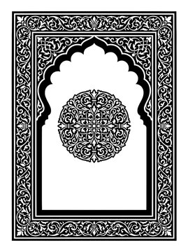Ornamental islamic arch frame vector with intricate black floral arabesque pattern and central medallion element on white background