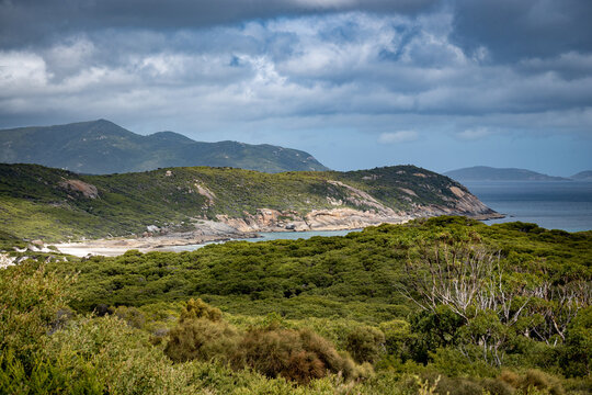 beautiful aerial photo of a peninsula view showing mountains, greenery and beach at Wilsons Promontory National Park in Victoria Australia